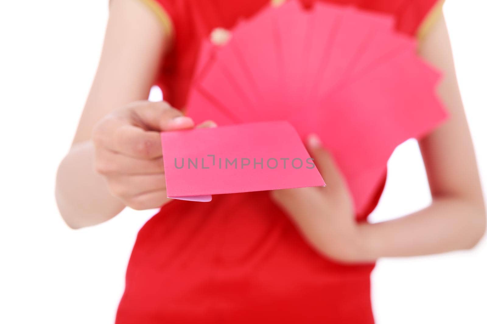 hand giving red envelopes in concept of happy chinese new year isolated on white background by geargodz