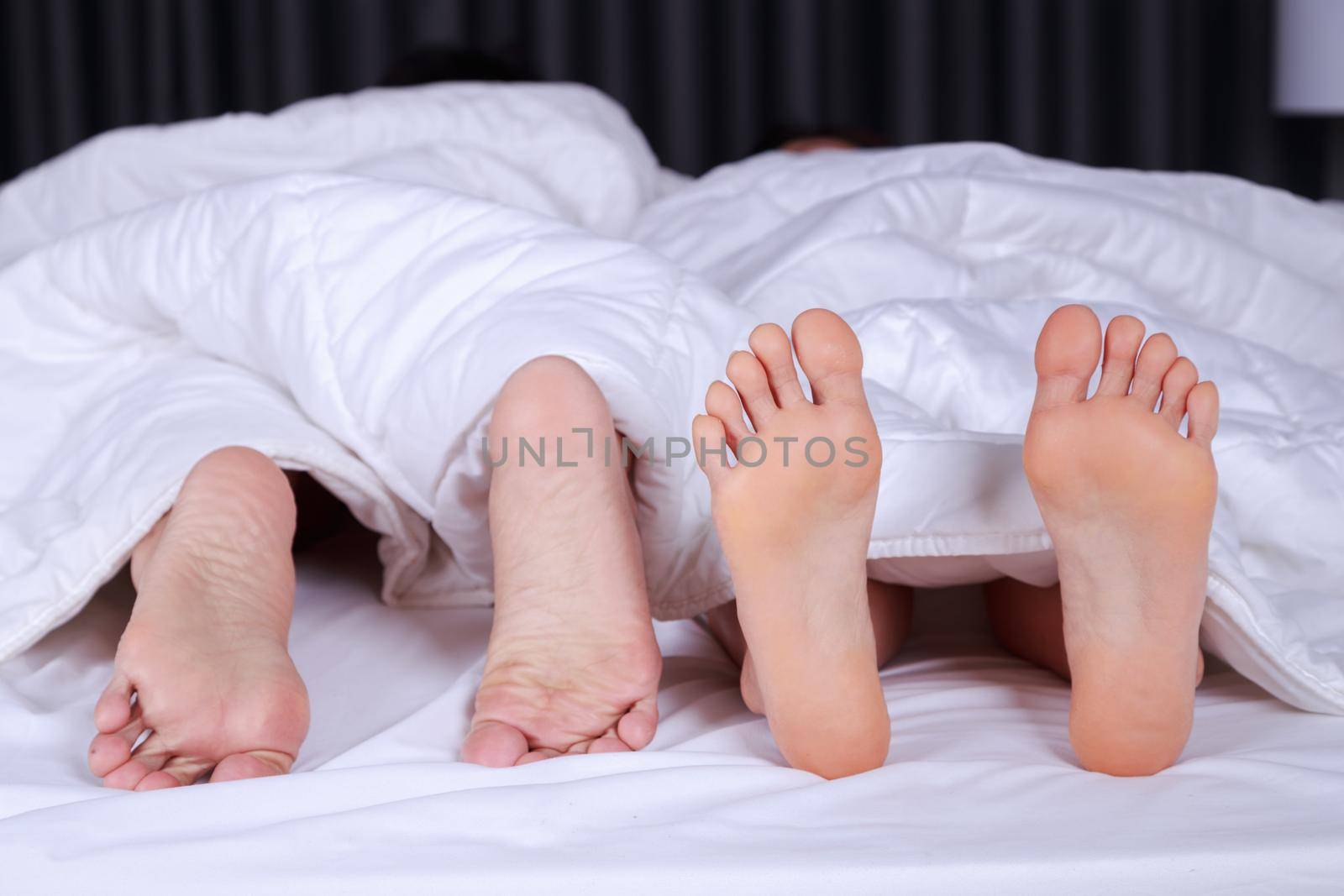 close up of four feet in a bed