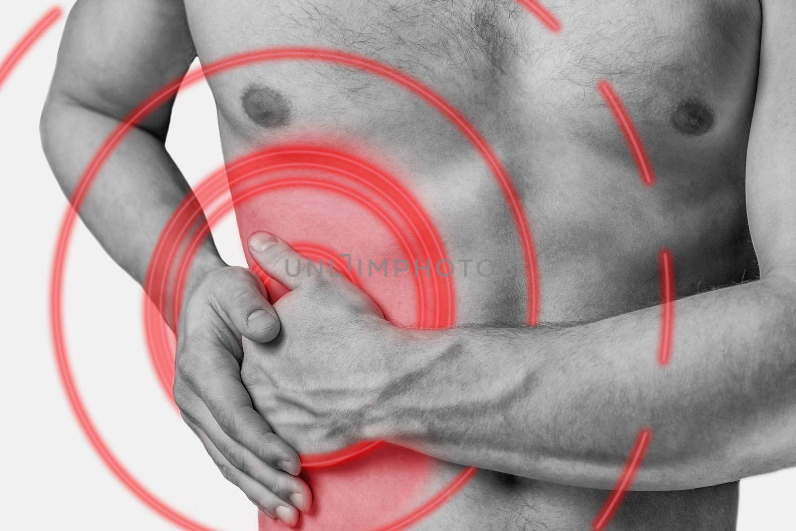 Acute pain in a right side of abdomen. Monochrome image, isolated on a white background. Pain area of red color.