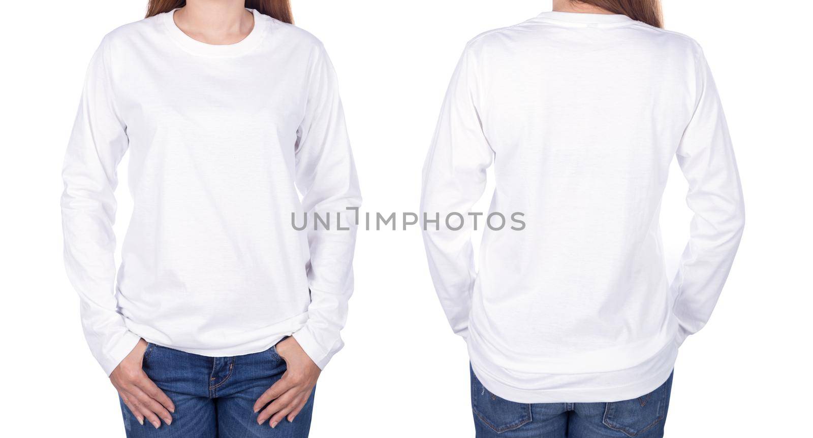 woman in white long sleeve t-shirt isolated on white background by geargodz