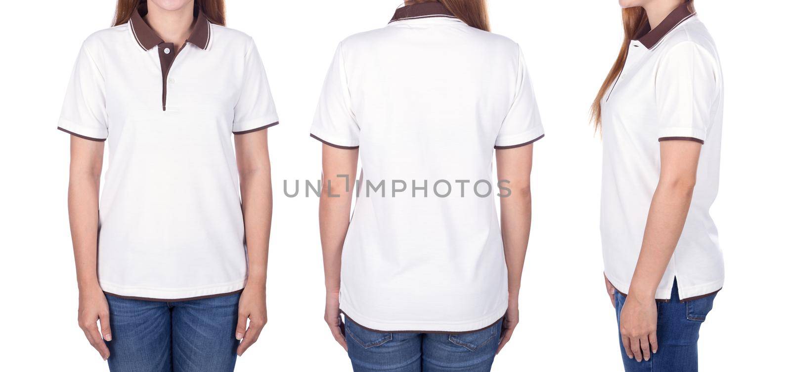 woman in white polo shirt isolated on white background by geargodz