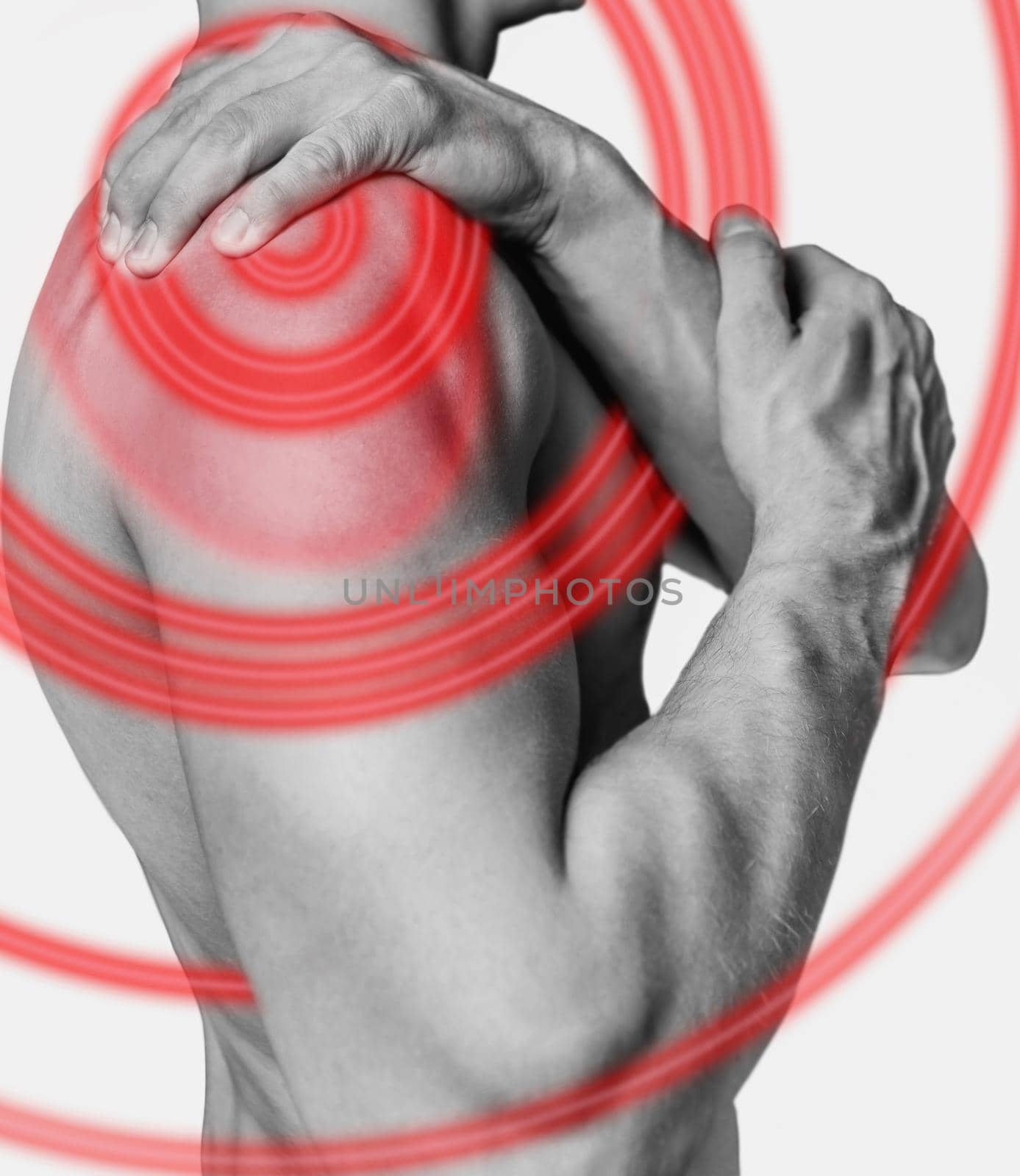 Acute pain in a male shoulder. Monochrome image, isolated on a white background. Pain area of red color.