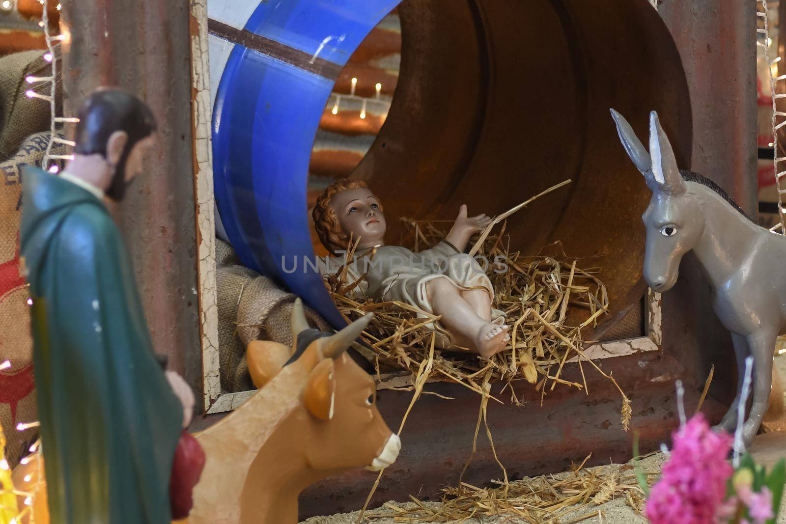 Christmas creche with Joseph Mary and small Jesus