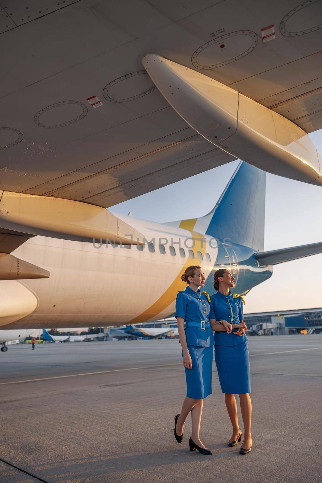 Full length shot of two air stewardesses in blue uniform smiling away, standing in front of a big passenger airplane in airport at sunset. Aircrew, occupation concept