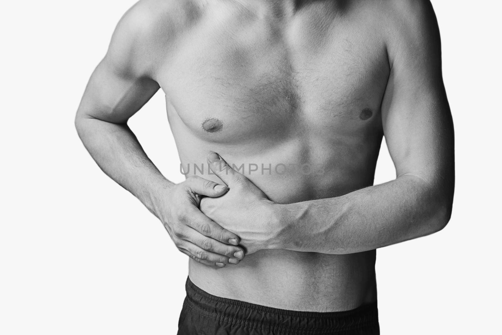 Pain in a right side of male abdomen. Monochrome image, isolated on a white background.