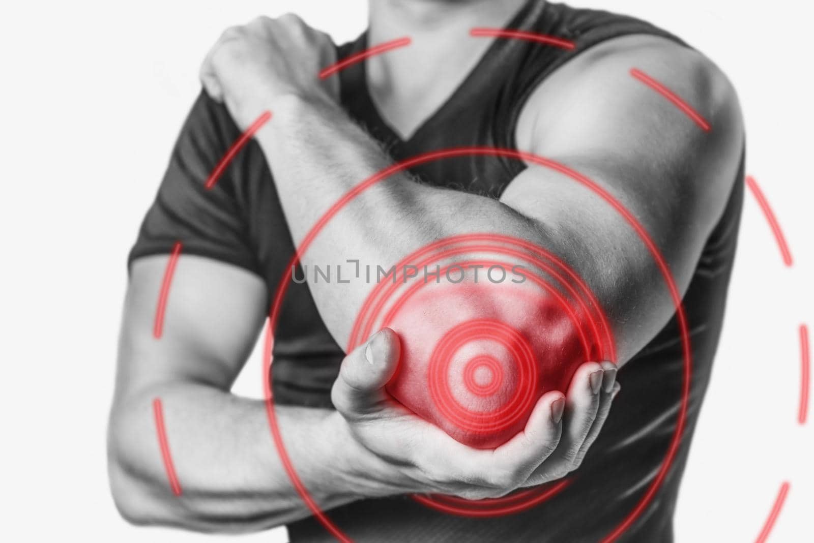 Acute pain in a male elbow. Man holding his elbow. Monochrome image, isolated on a white background. Pain area of red color.