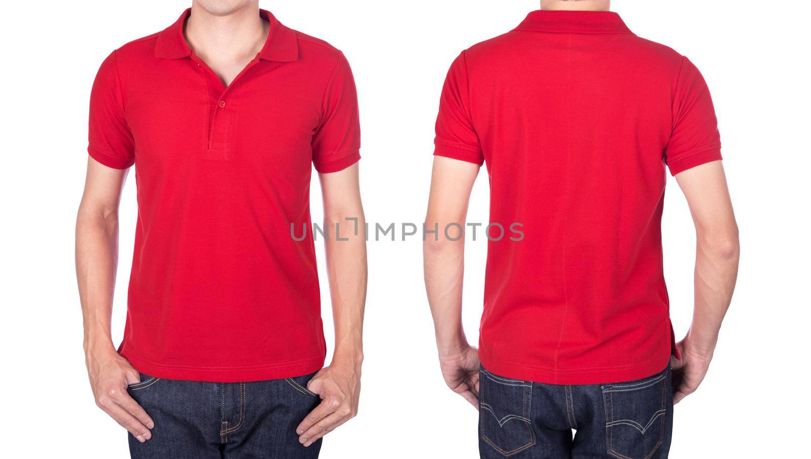 man with red polo shirt on a white background