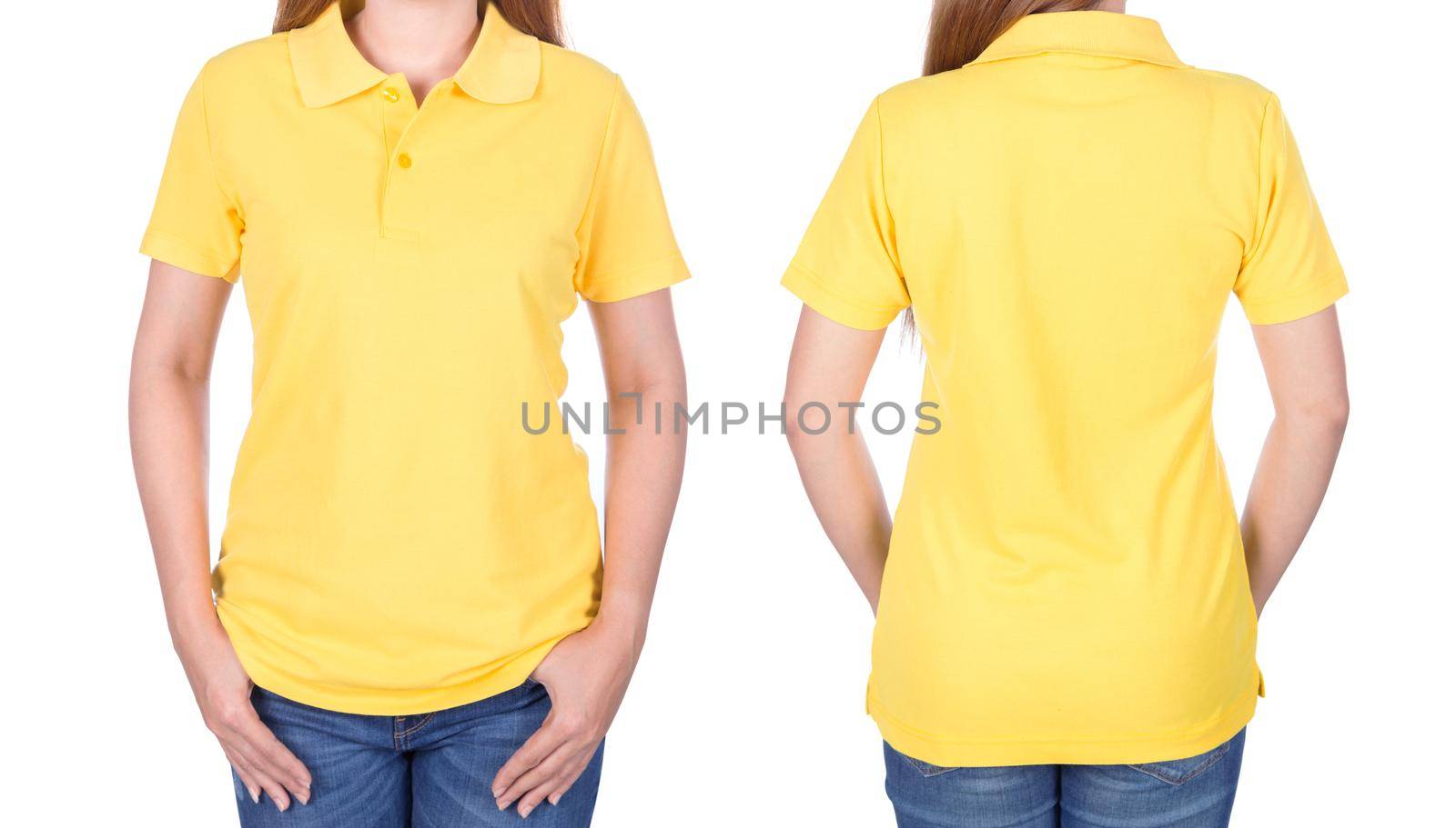 woman in yellow polo shirt isolated on white background by geargodz