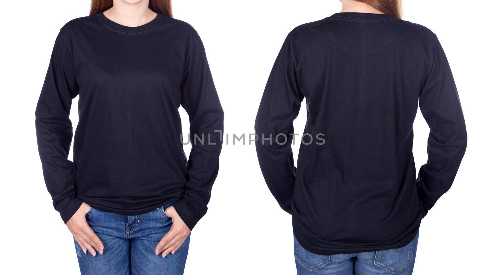 woman in black long sleeve t-shirt isolated on a white background