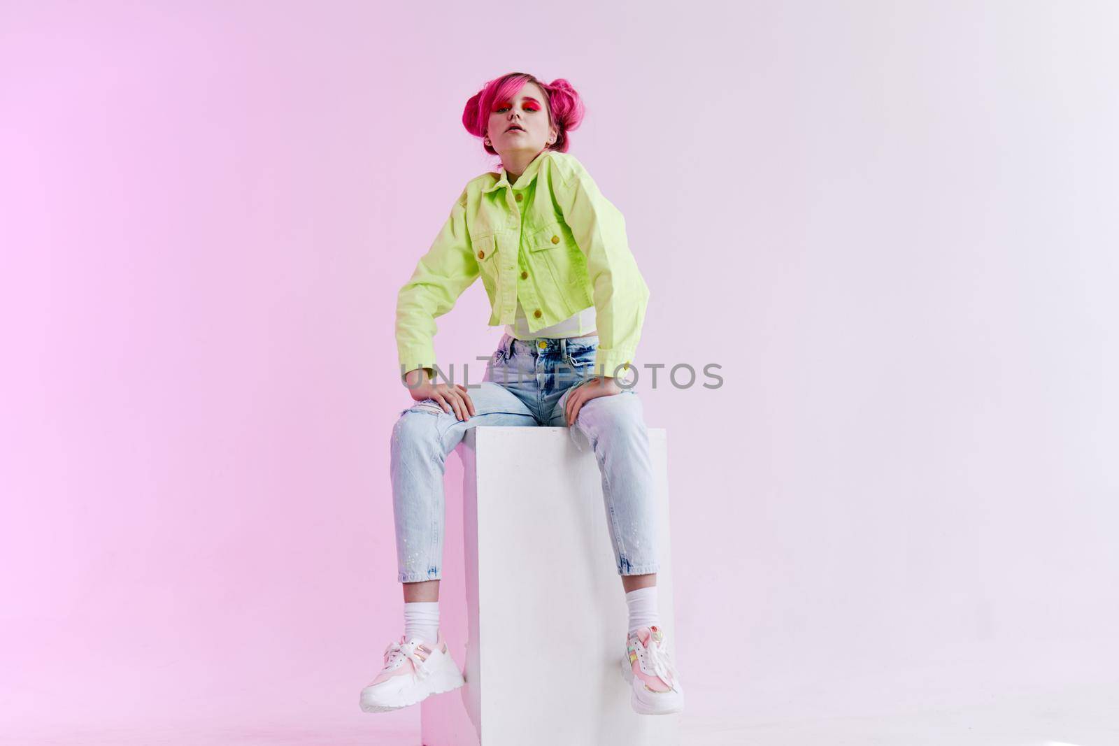 cheerful woman green jacket fashionable clothes lifestyle fun design. High quality photo