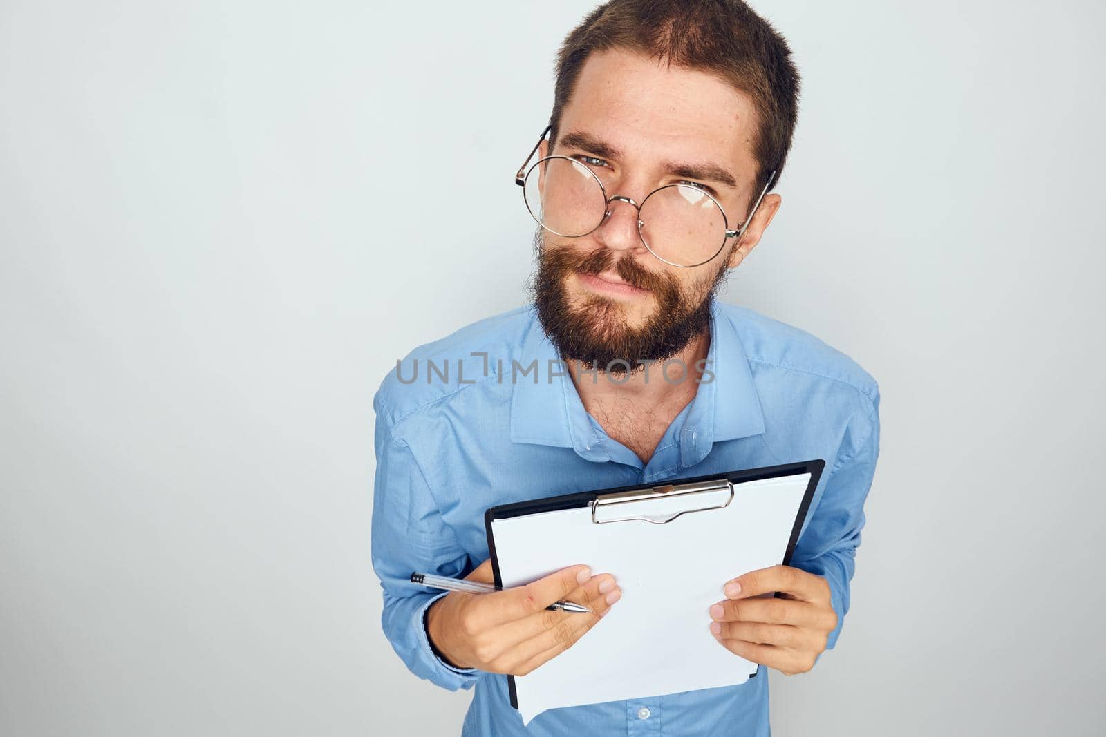 emotional man in blue shirt manager work fun. High quality photo