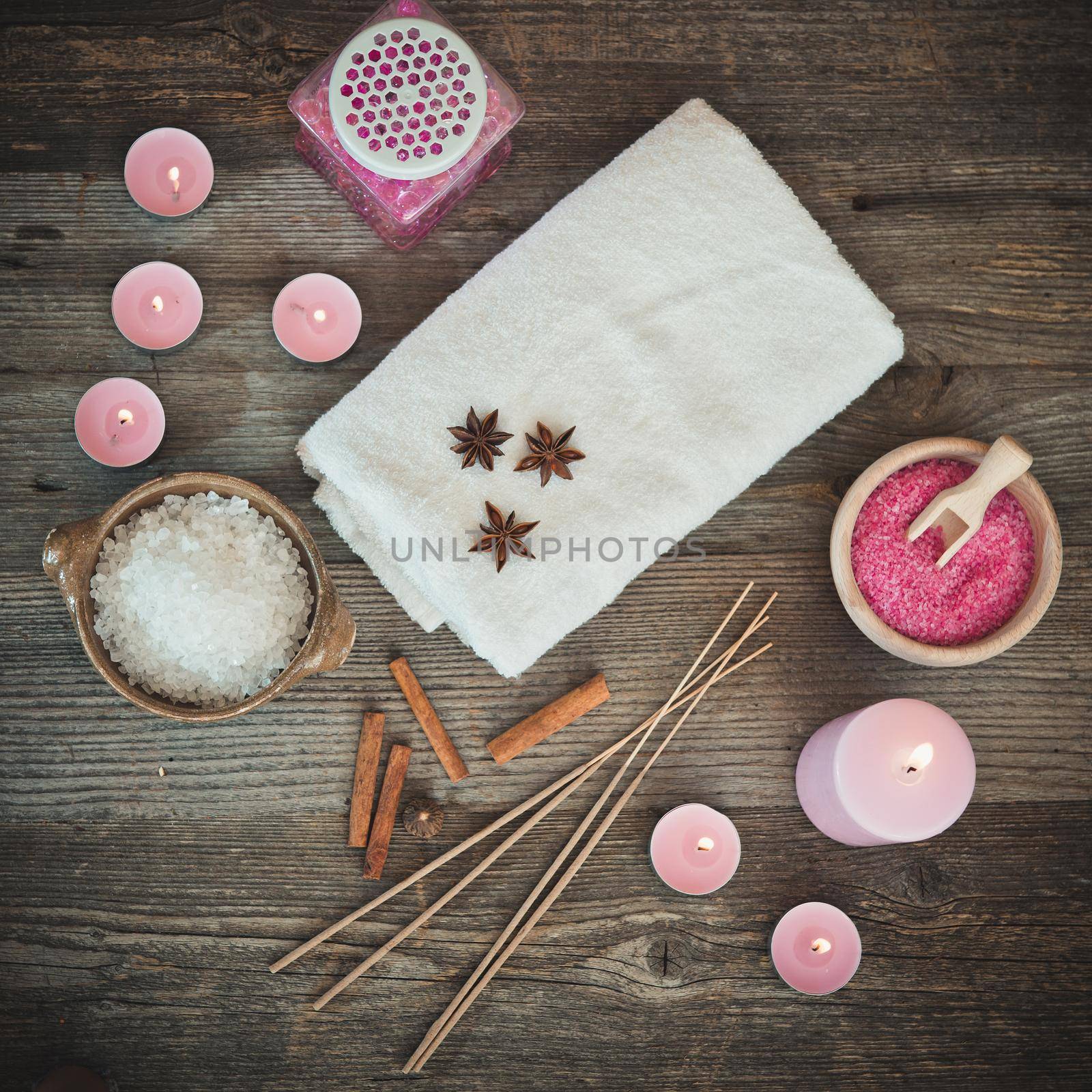 Composition of spa treatment on the wooden table