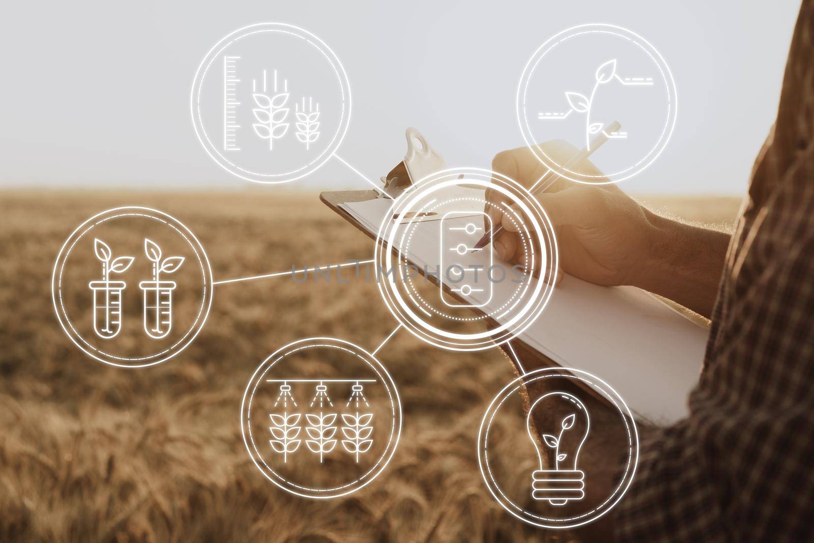 Man making notes on clipboard while standing in wheat field, close up