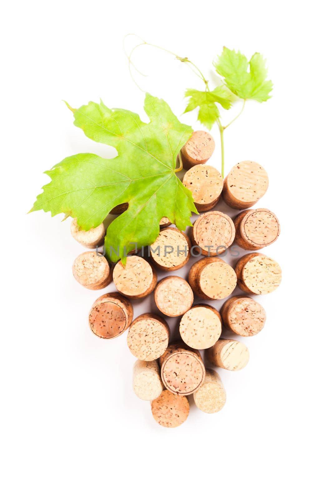 Wine corks isolated on white in grape shape with green leaf