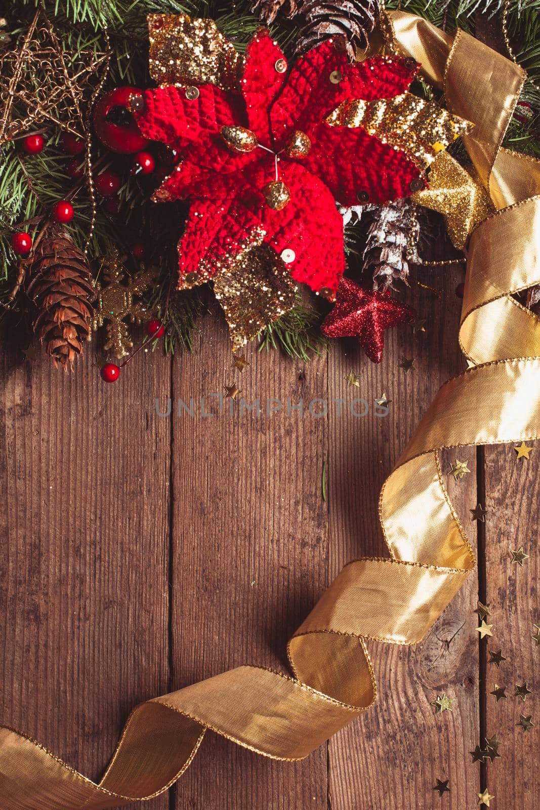 Christmas border design with red and gold baubles