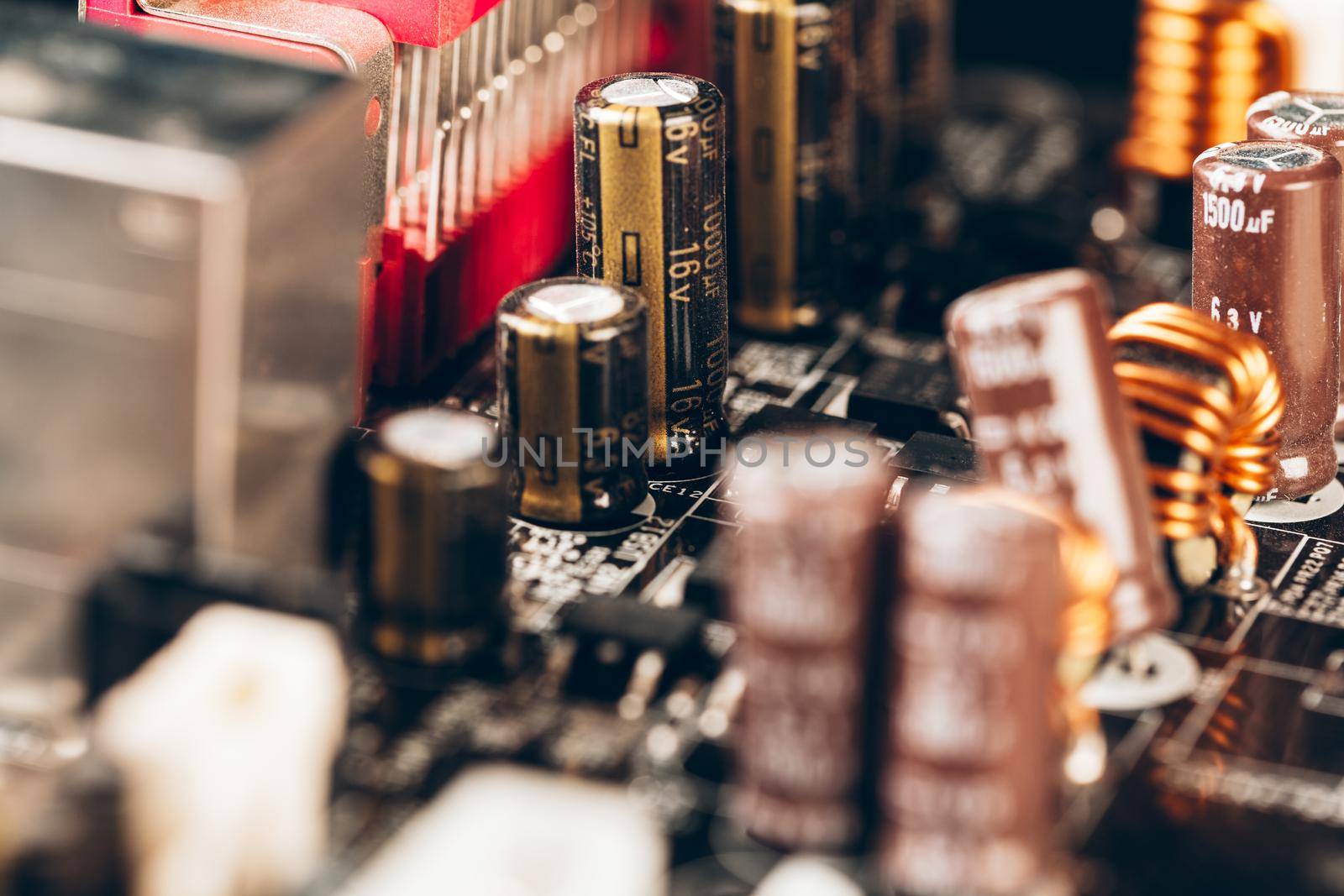Computer electronic circuit board with processor close up. High quality photo