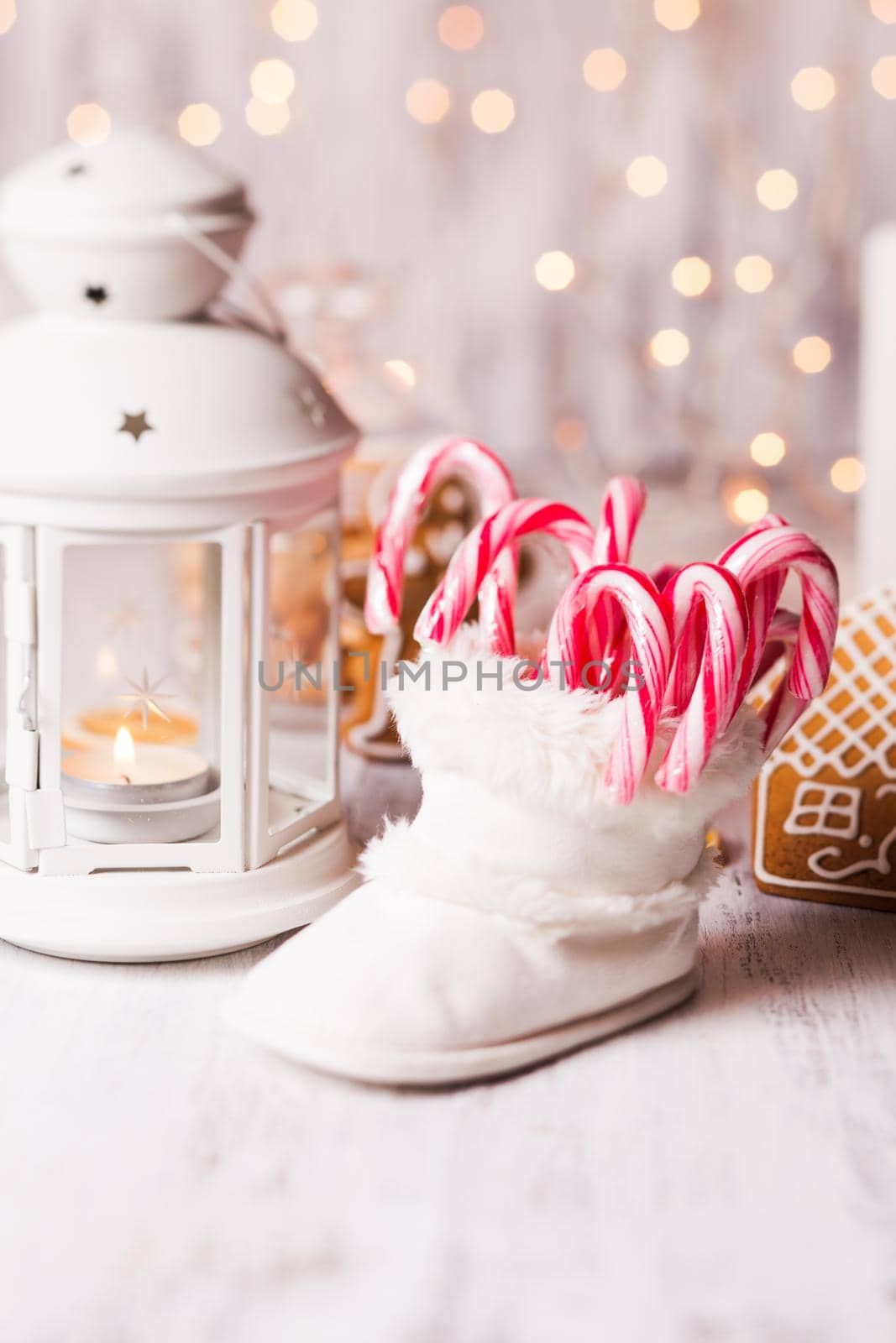 Holiday candies - Santa stuffs in white bootie, Christmas decor