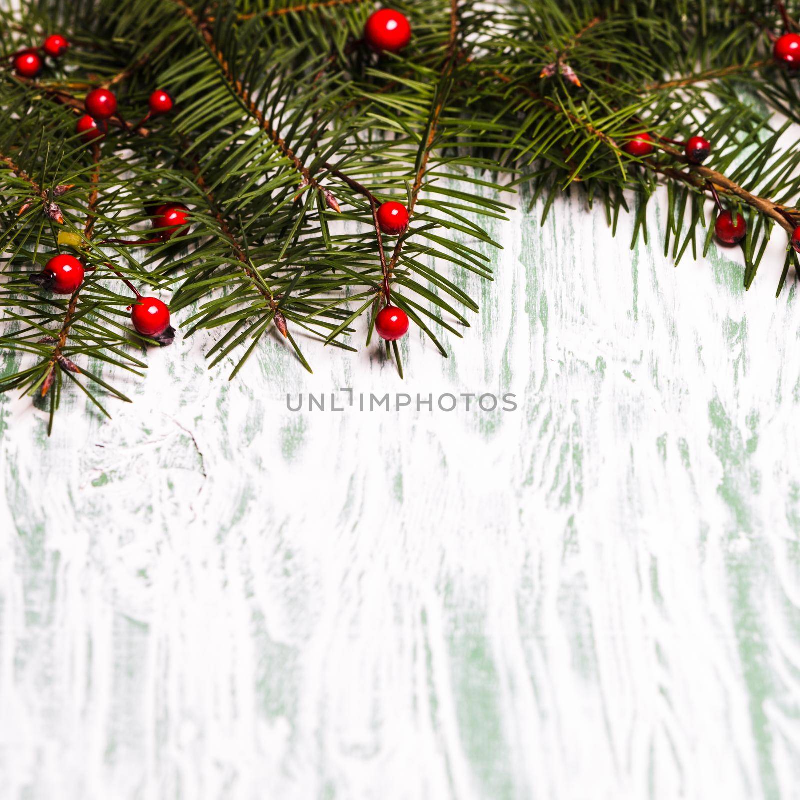 Fir brahcnes with holly berries on a wooden background. Copy text for Christmas greetings