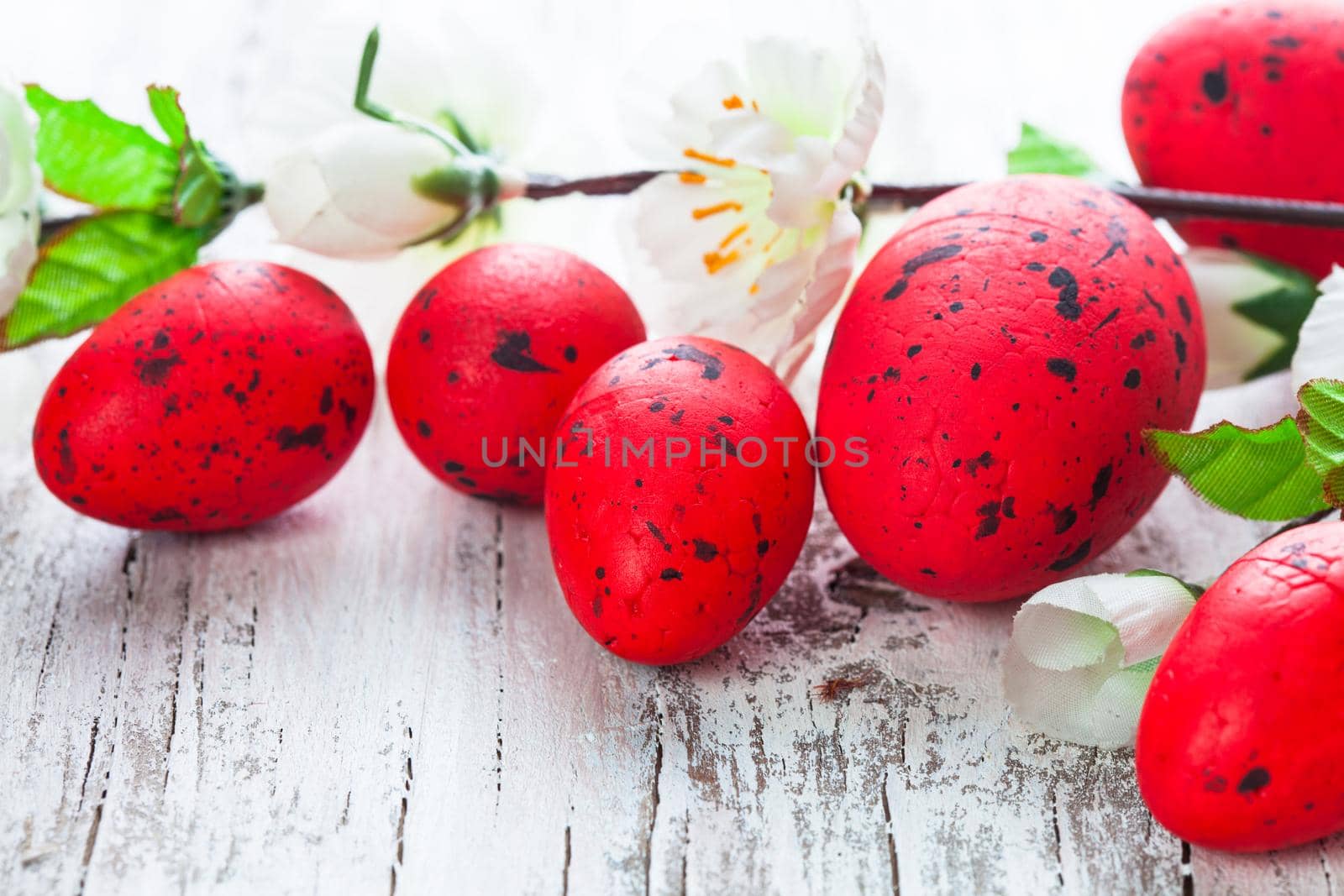 Red spotted eggs with apple flowers on the shabby wooden table