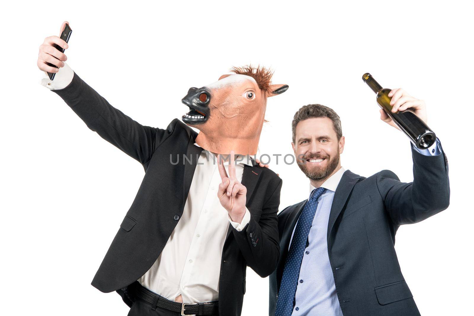 Happy drunk professional men shoot with smartphone at corporate costume party isolated on white, selfie video.
