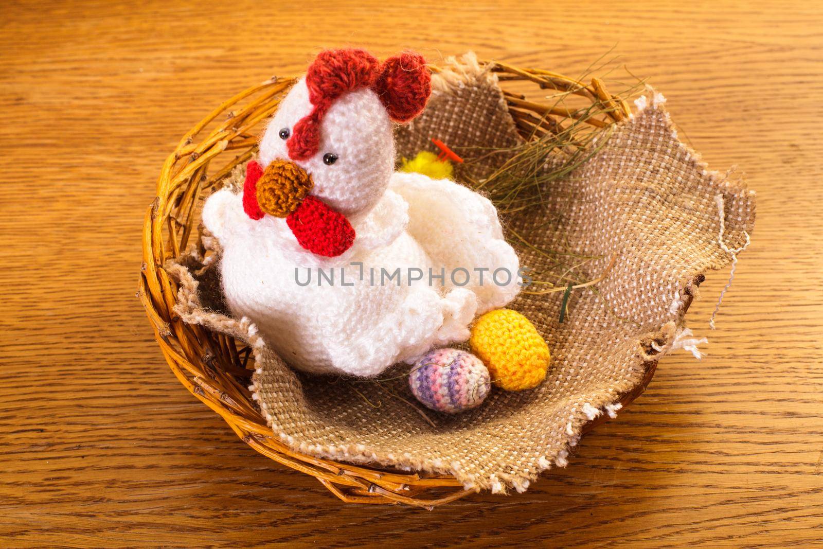 Crochet chicken with eggs in the nest. Easter decorations