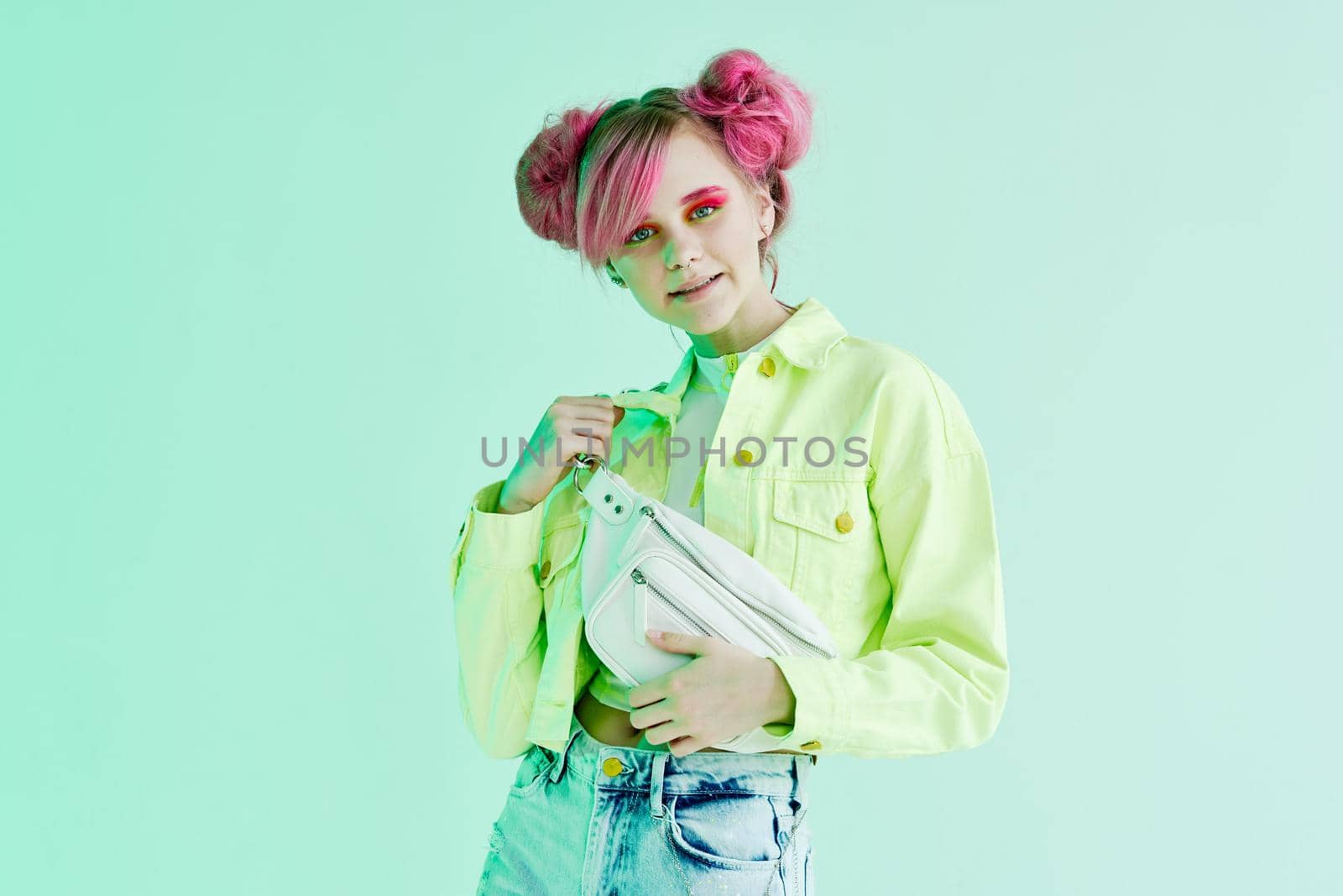 hipster woman pink hair posing fashion clothes lifestyle fun design. High quality photo