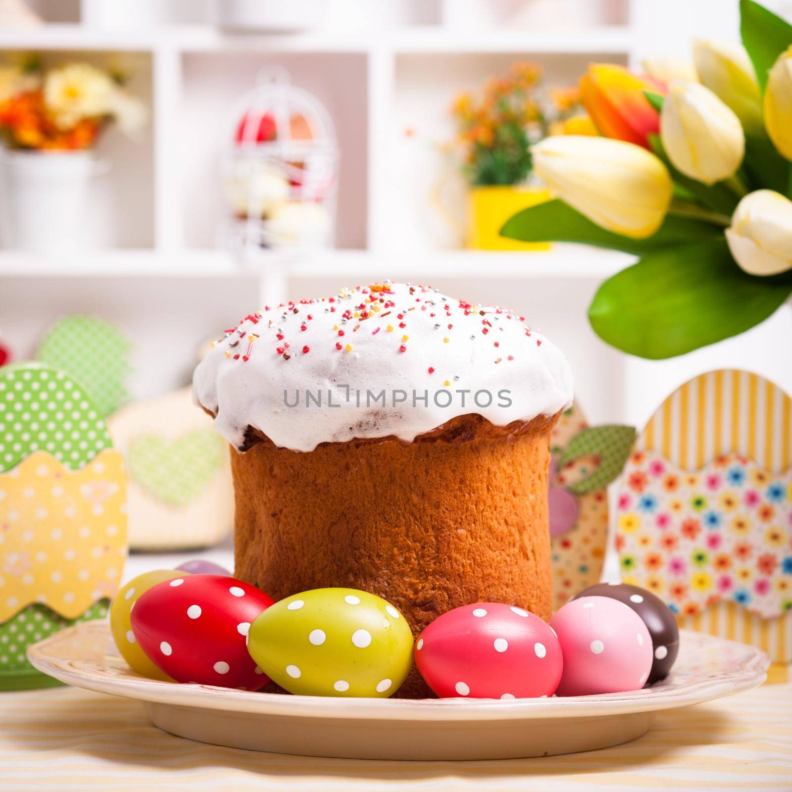Easter cake with eggs on the table. Easter decorations