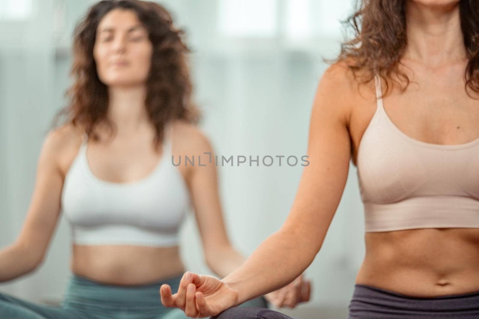 Two Young healthy woman in sportive top and leggings practicing yoga indoors sitting in lotus pose on yoga mat meditating relaxed with closed eyes. Healthy life, natural balance between body and mind. by panophotograph