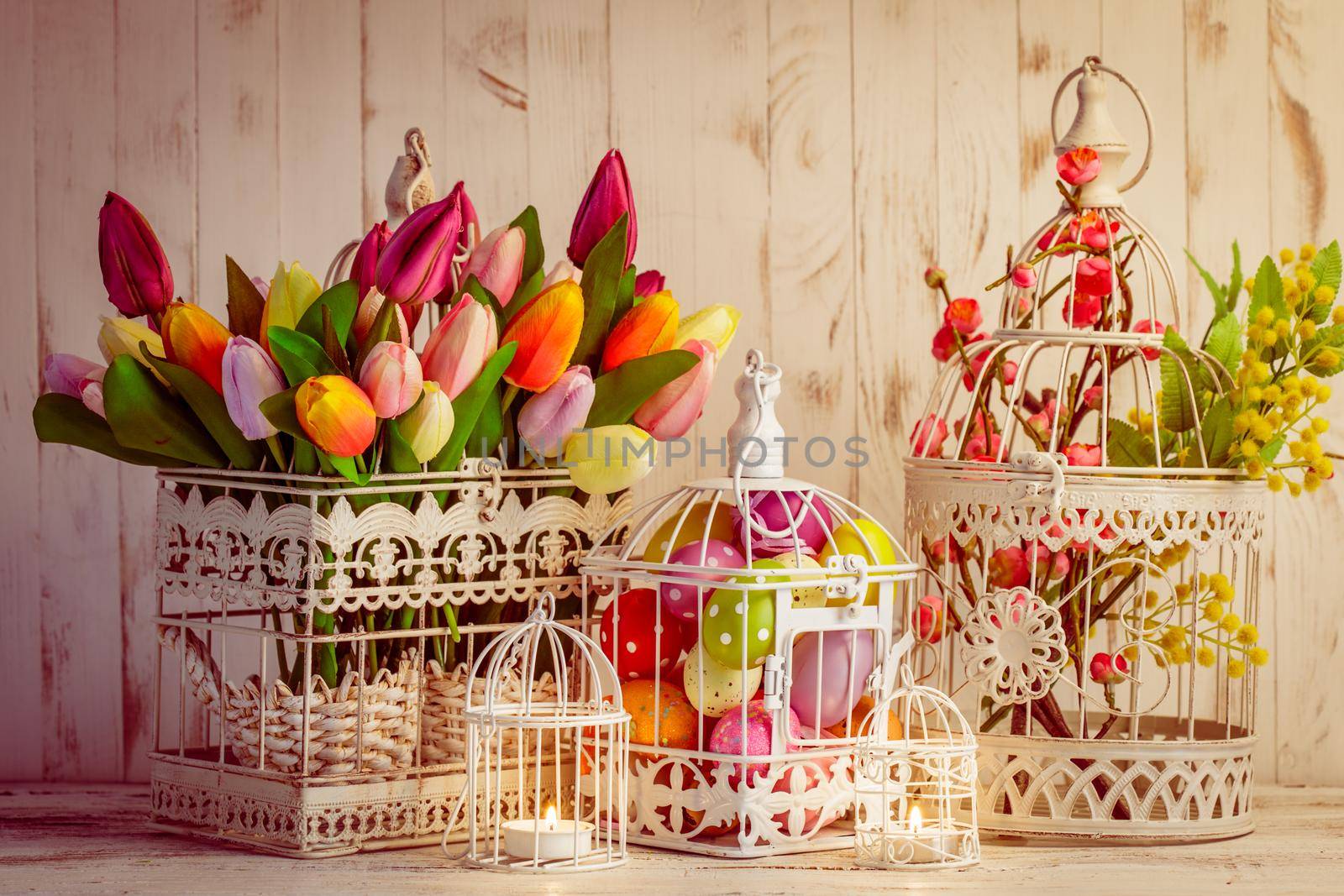 Easter decorations - shabby chic birdcages with flowers and eggs