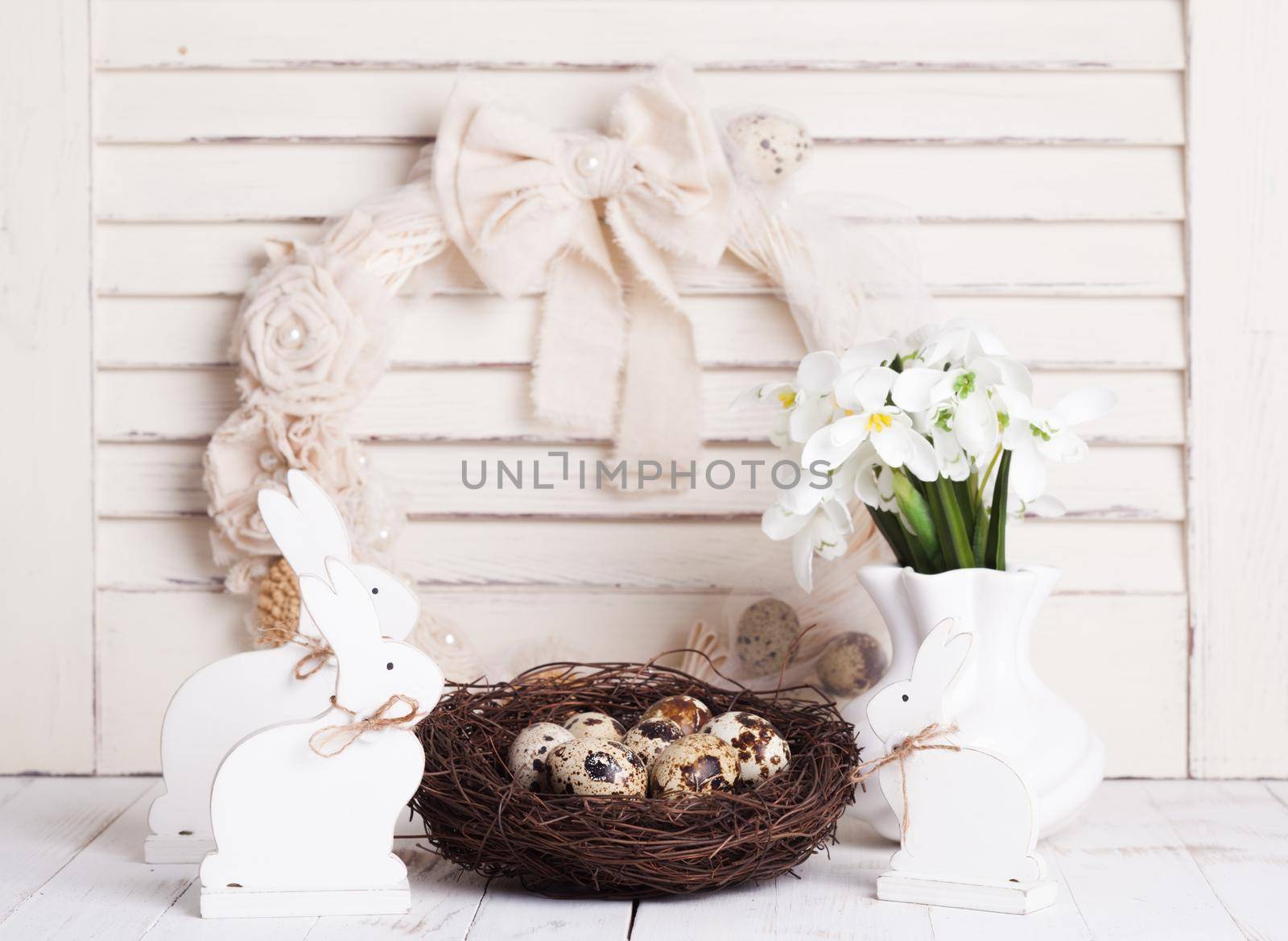 Easter decorations - shabby chic white rabbits and wreath