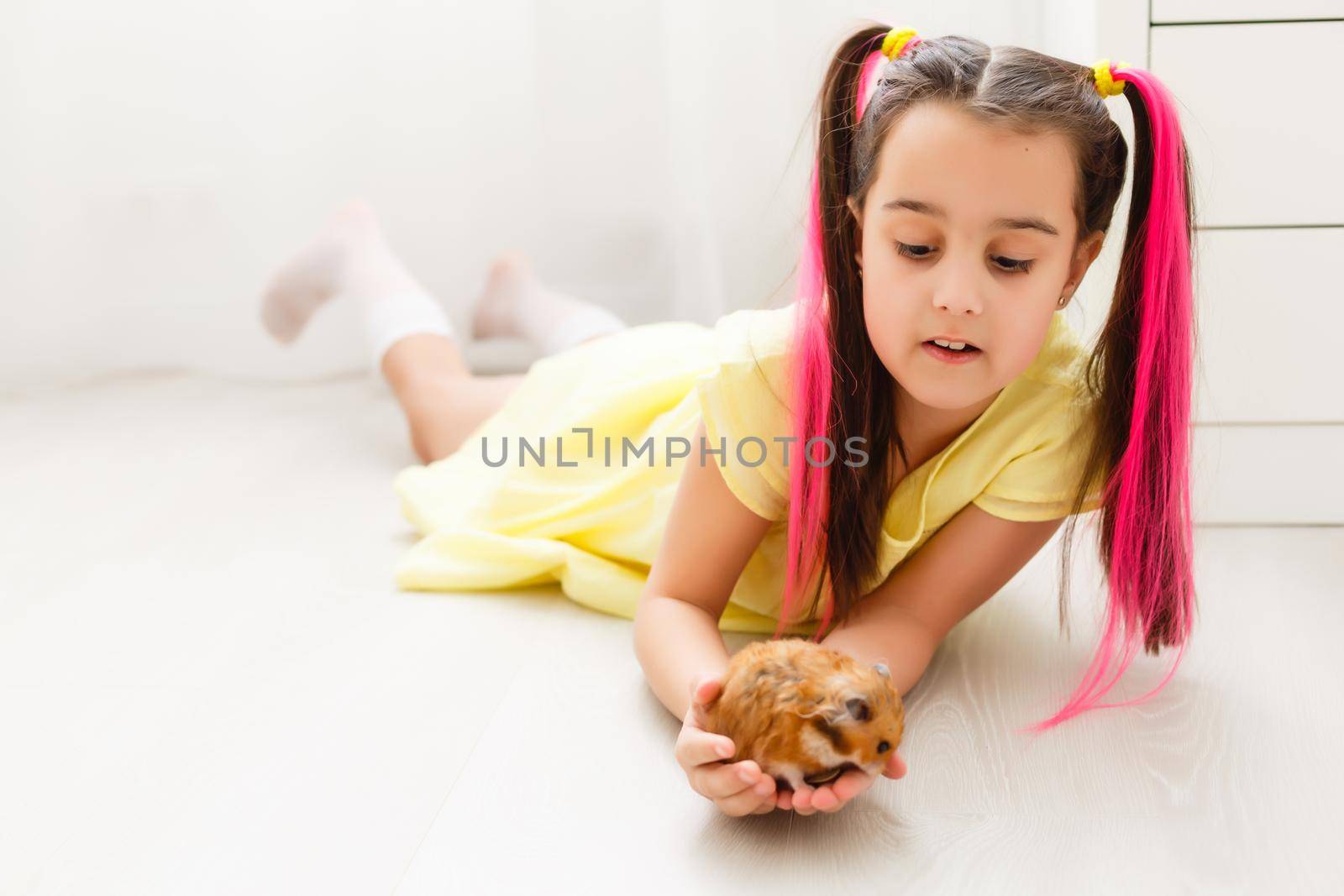 My little pal - girl holding her hamster in palms