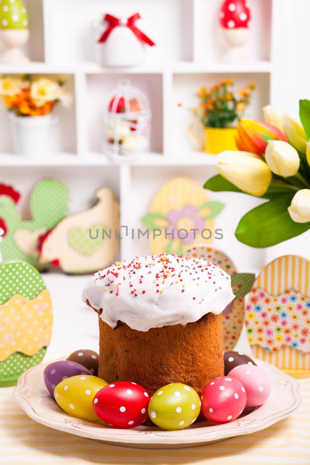 Easter cake with eggs on the table. Easter decorations