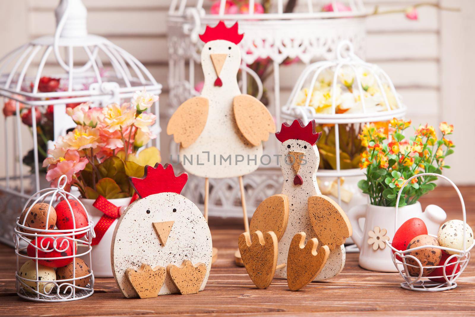 Wooden chickens figures - Easter decorations on the table