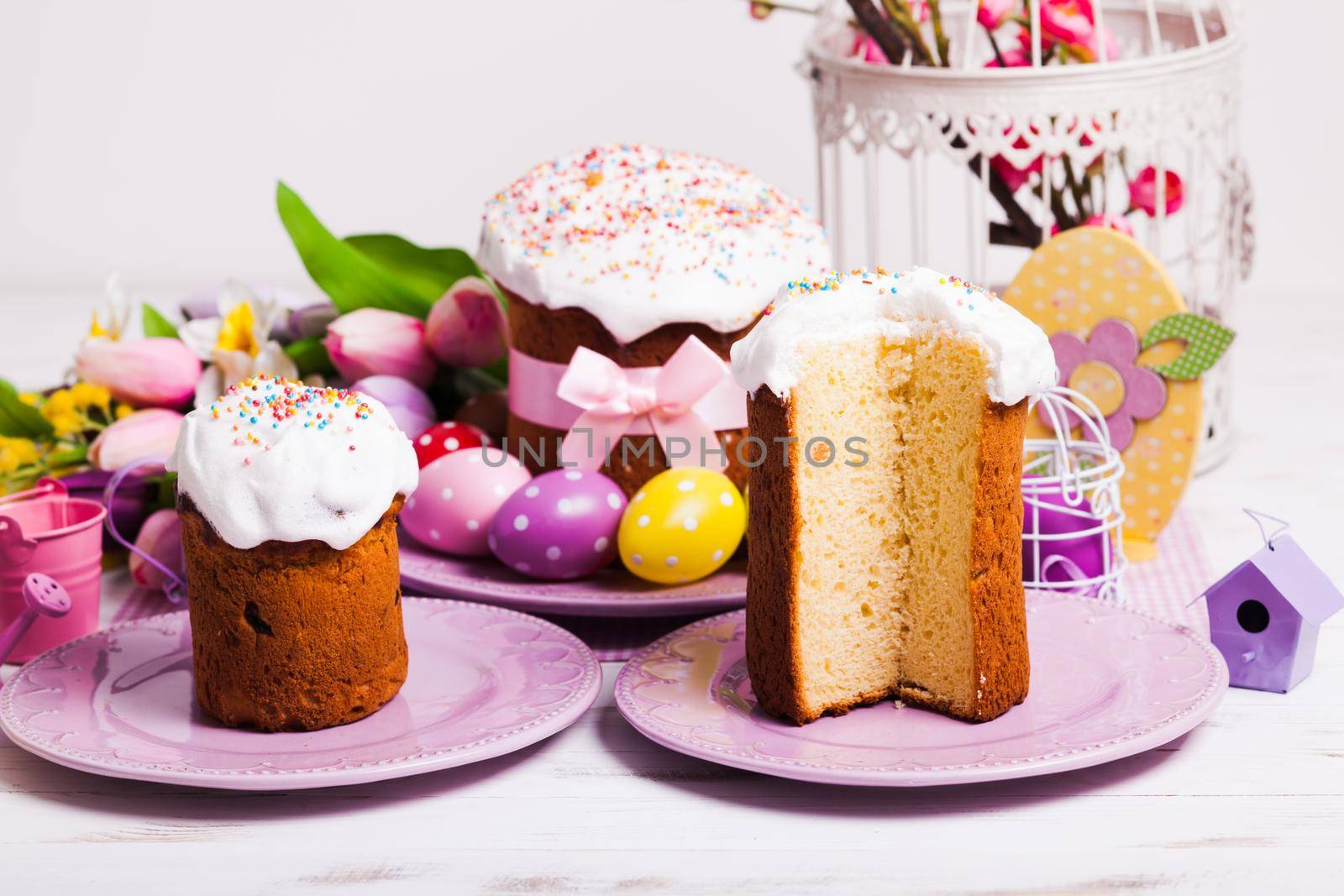 Easter cake on the plate and holiday decor