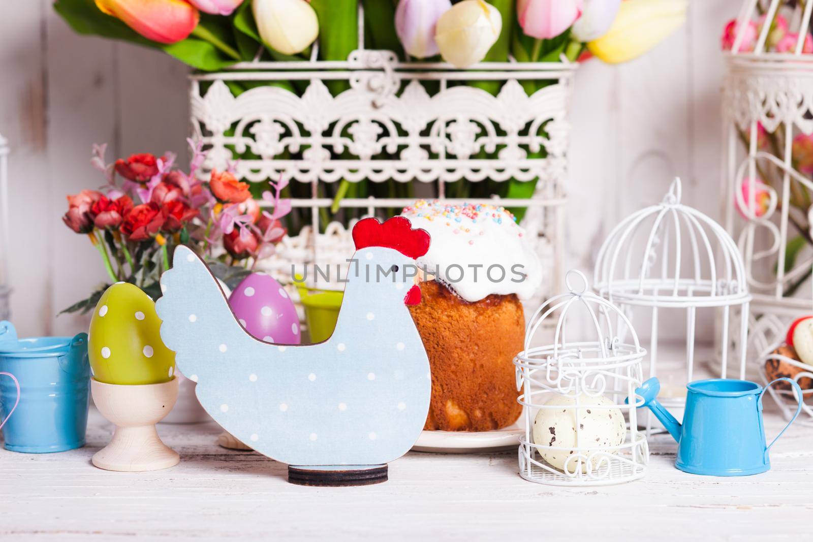 Wooden chicken - Easter decoration on the table