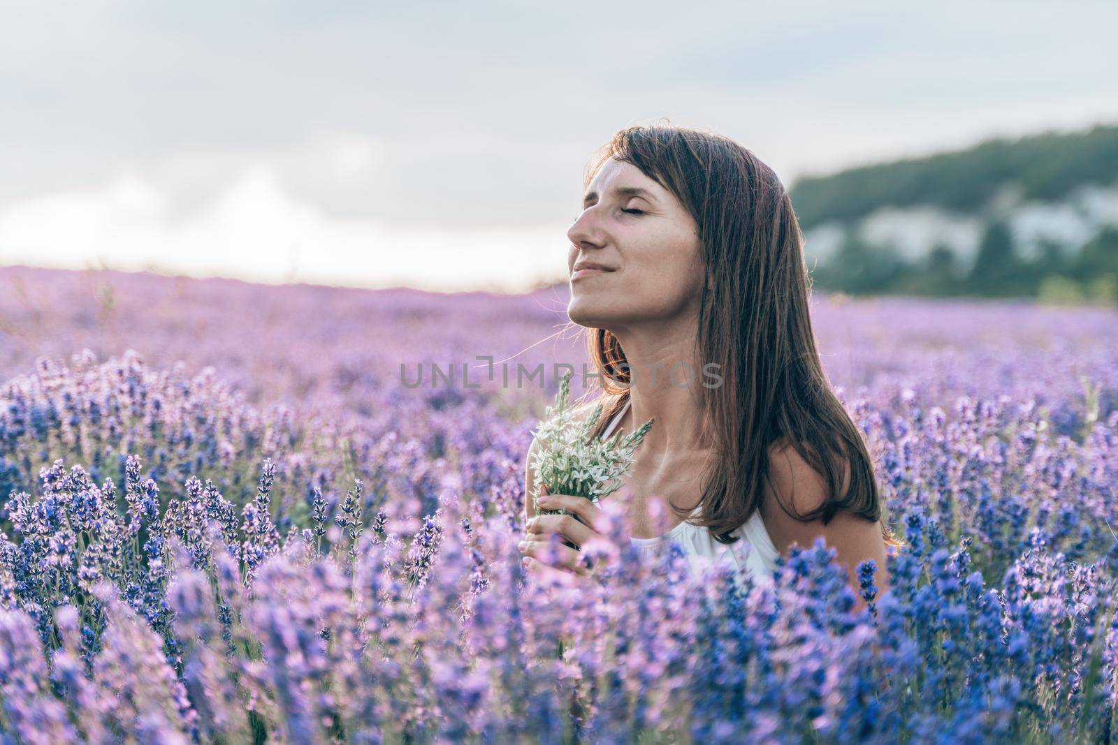 Close up portrait of happy young brunette woman in white dress on blooming fragrant lavender fields with endless rows. Warm sunset light. Bushes of lavender purple aromatic flowers on lavender fields. by panophotograph