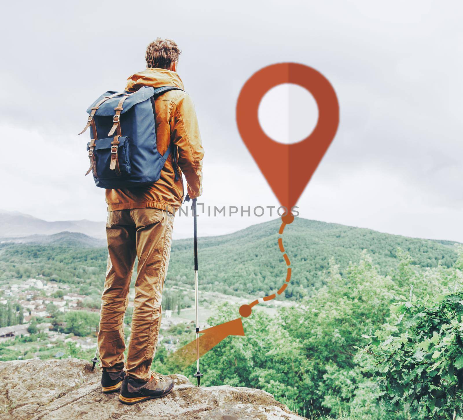 Hiker backpacker young man with trekking poles standing on edge of cliff outdoor and scheme of track with connected location pin. Navigation concept.
