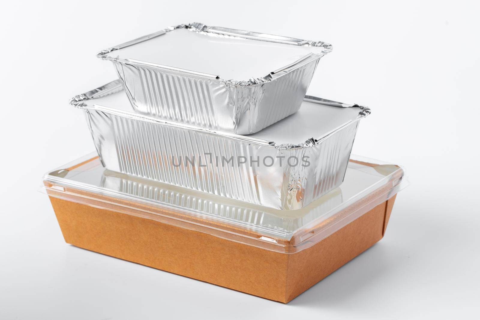 Assortment of food delivery containers on white background close up