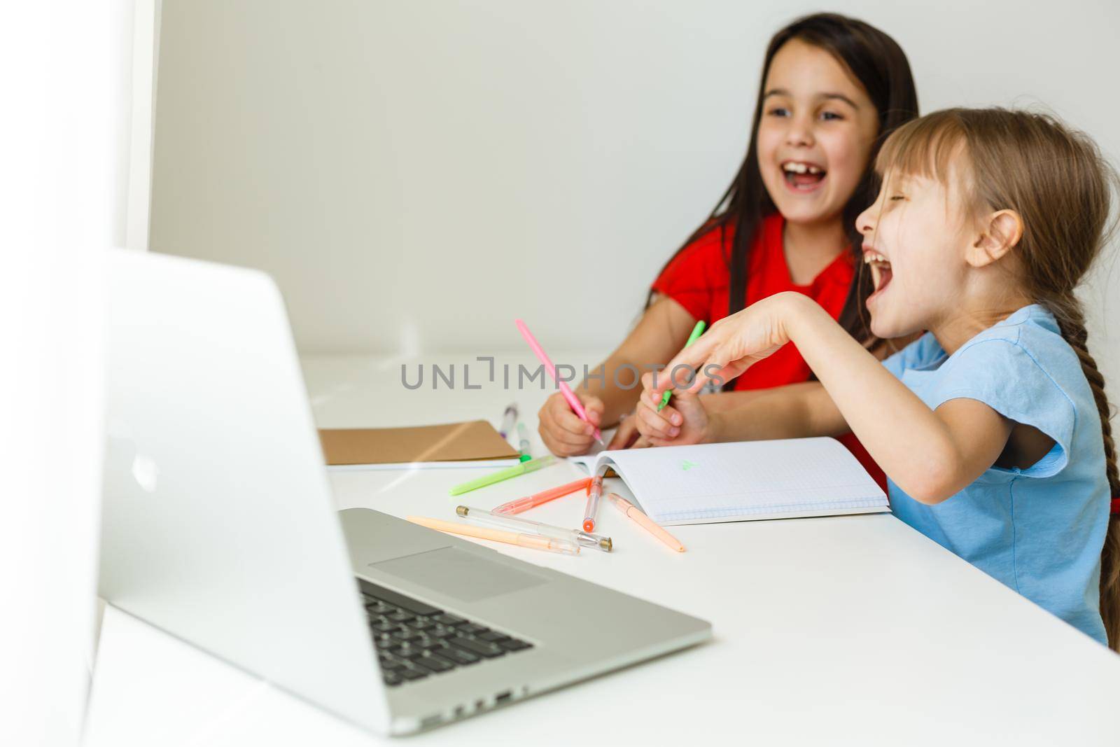Cool online school. Kids studying online at home using a laptop. Cheerful young little girls using laptop computer studying through online e-learning system. Distance or remote learning