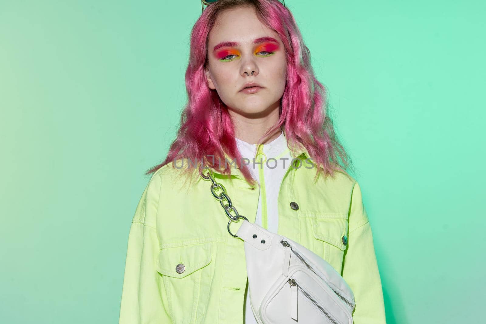 hipster woman pink hair posing fashion clothes lifestyle fun design. High quality photo
