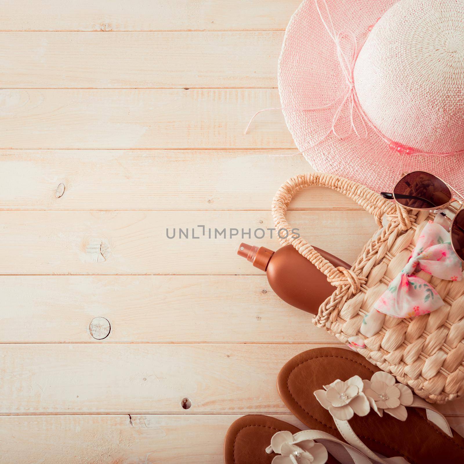 beach accessories on a wooden background by tan4ikk1