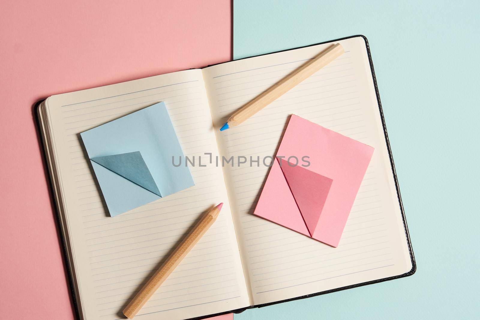 notepad stickers design objects hobbies work colorful background. High quality photo