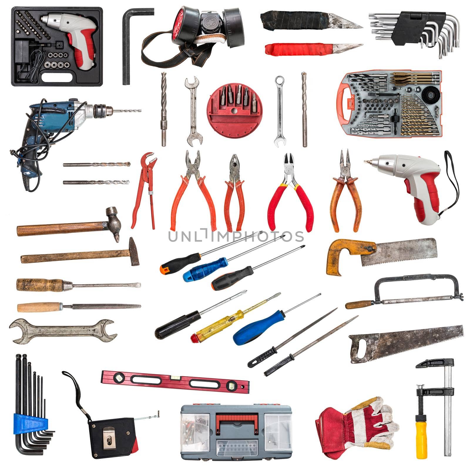 collage with ariety of building tools isolated on white background