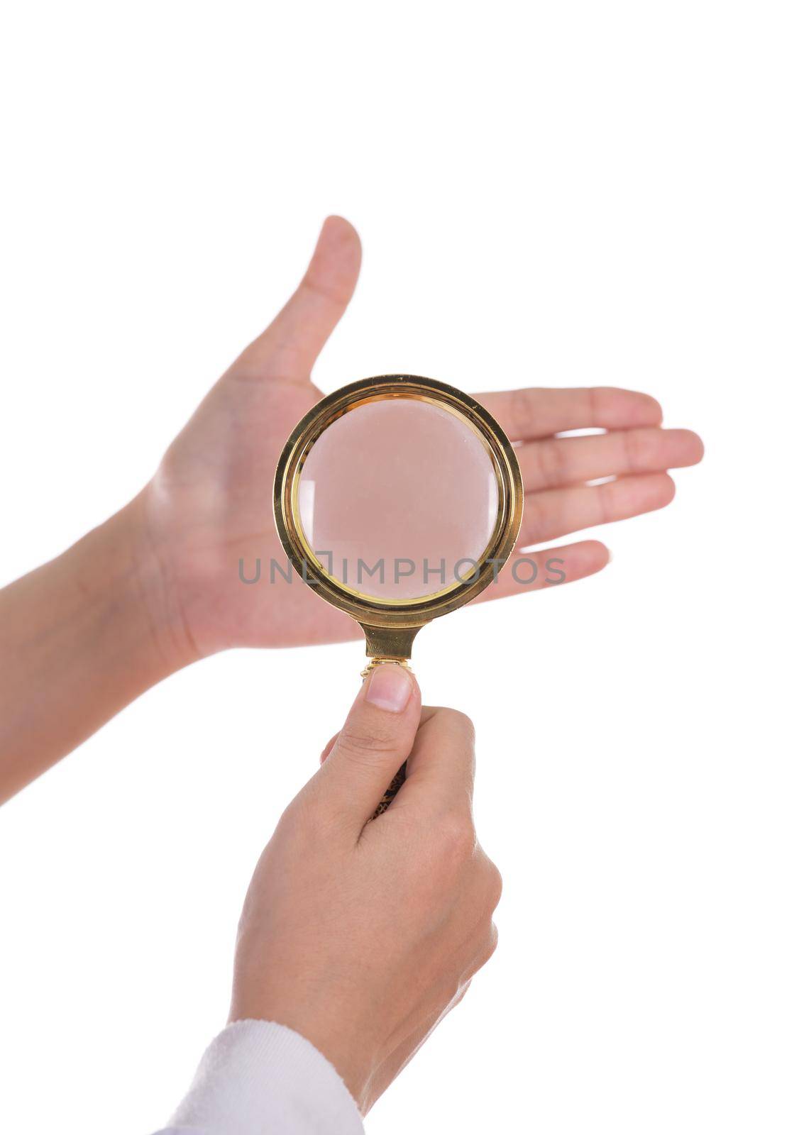 Palmistry, hands and magnifying glass isolated on white background