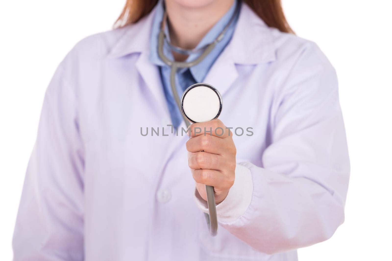 close up stethoscope with female doctor isolated on white background
