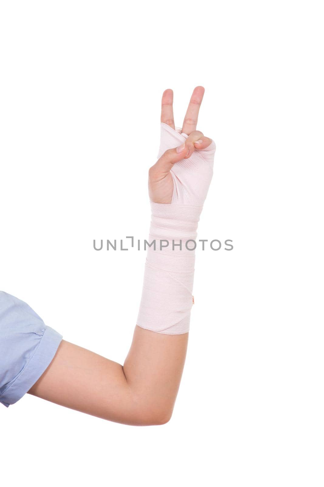 close-up injured arm wrapped in an Elastic Bandage (victory sign) isolated on white background