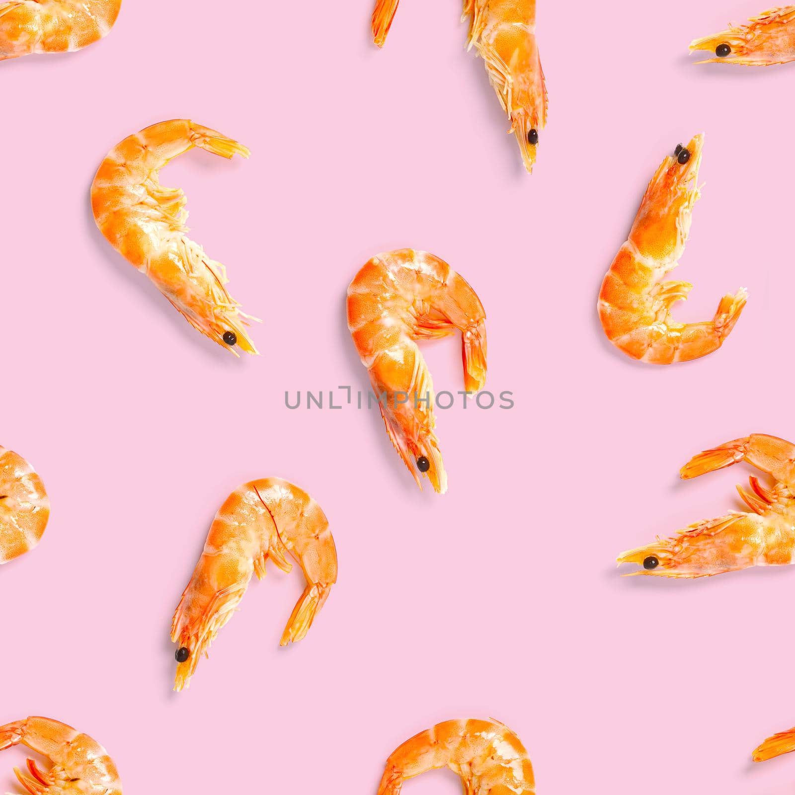 Tiger shrimp. Seamless pattern made from Prawn isolated on a pink background. Seafood seamless pattern with shrimps. seafood pattern by PhotoTime