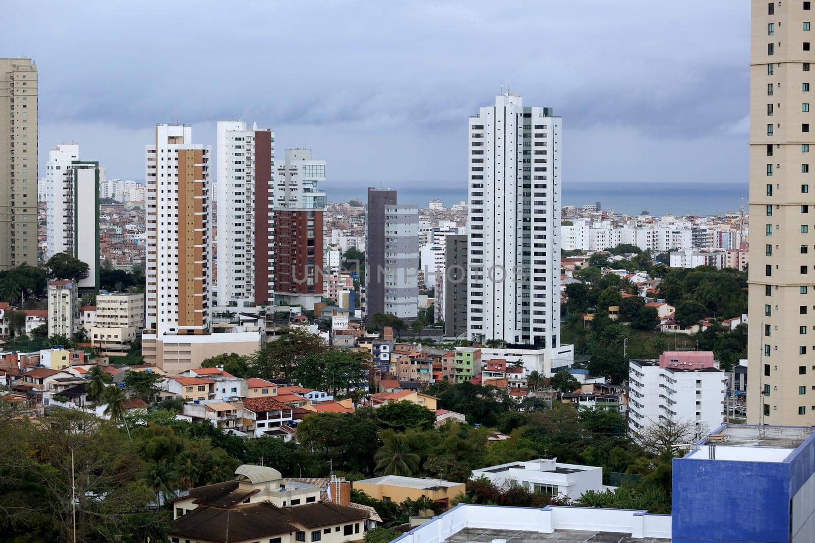 salvador, bahia, brazil - august 29, 2016: Aerial view of dwellings in favela area in Federacao neighborhood in Salvador city.