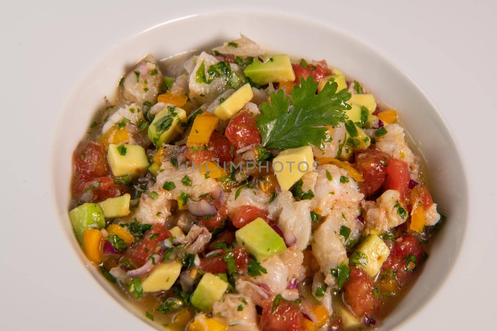 Cod Ceviche recipe, bread in oil and garlic. High quality photo