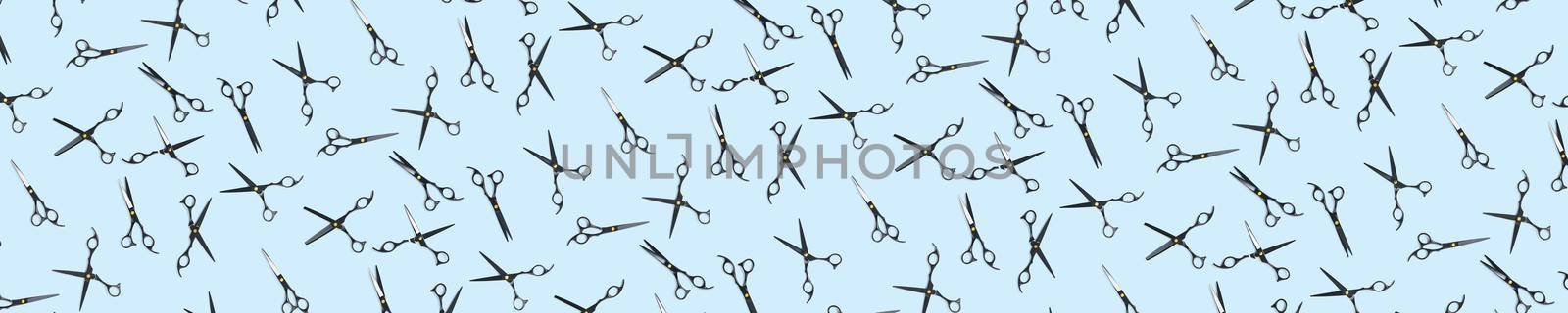 Background made from black scissors. professional hairdresser black scissors isolated on blue. Black barber scissors, close up. pop art background by PhotoTime